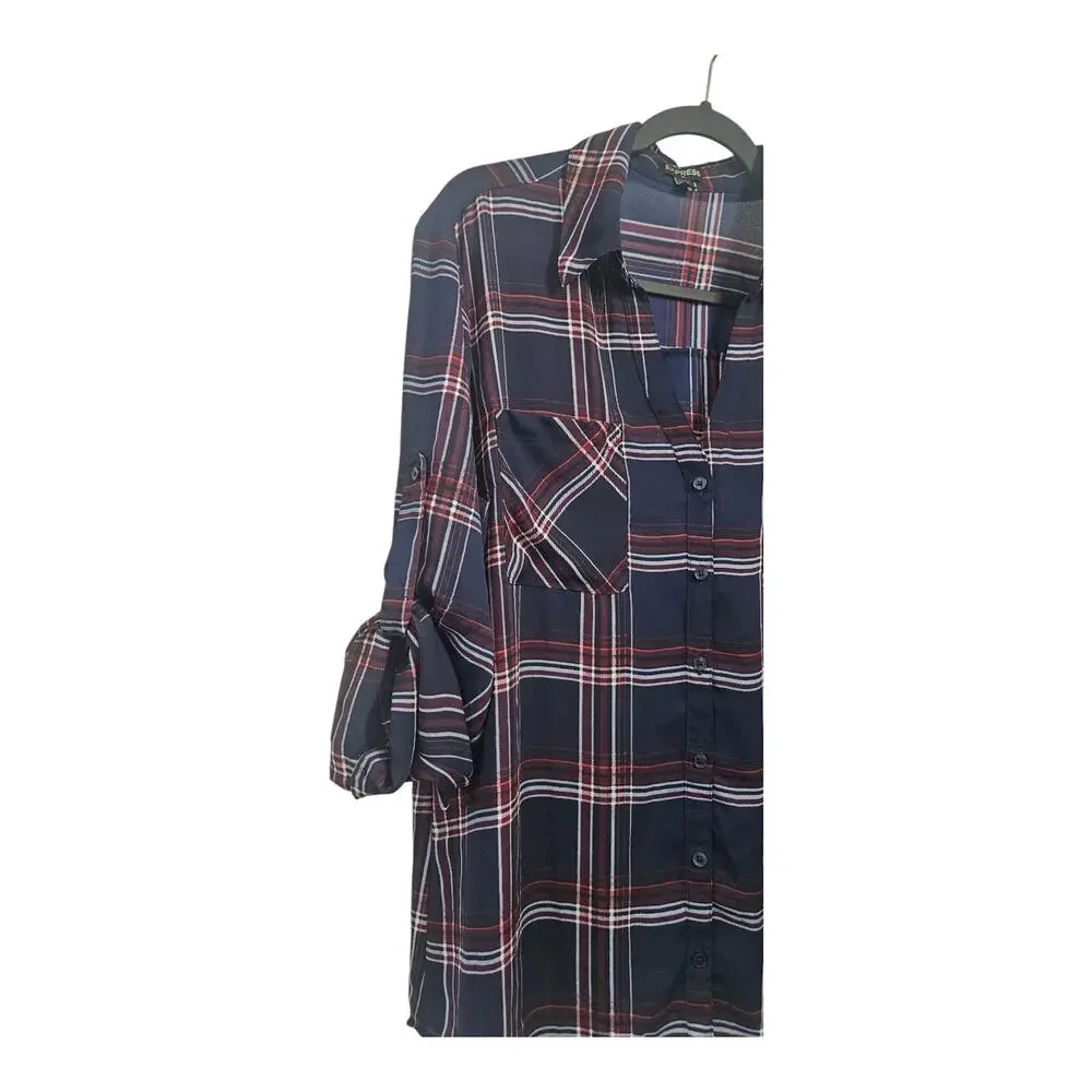 Express Womens XL Blouse Blue Plaid V-Neck Collar Roll Tab Sleeves Button-Up - Picture 5 of 8